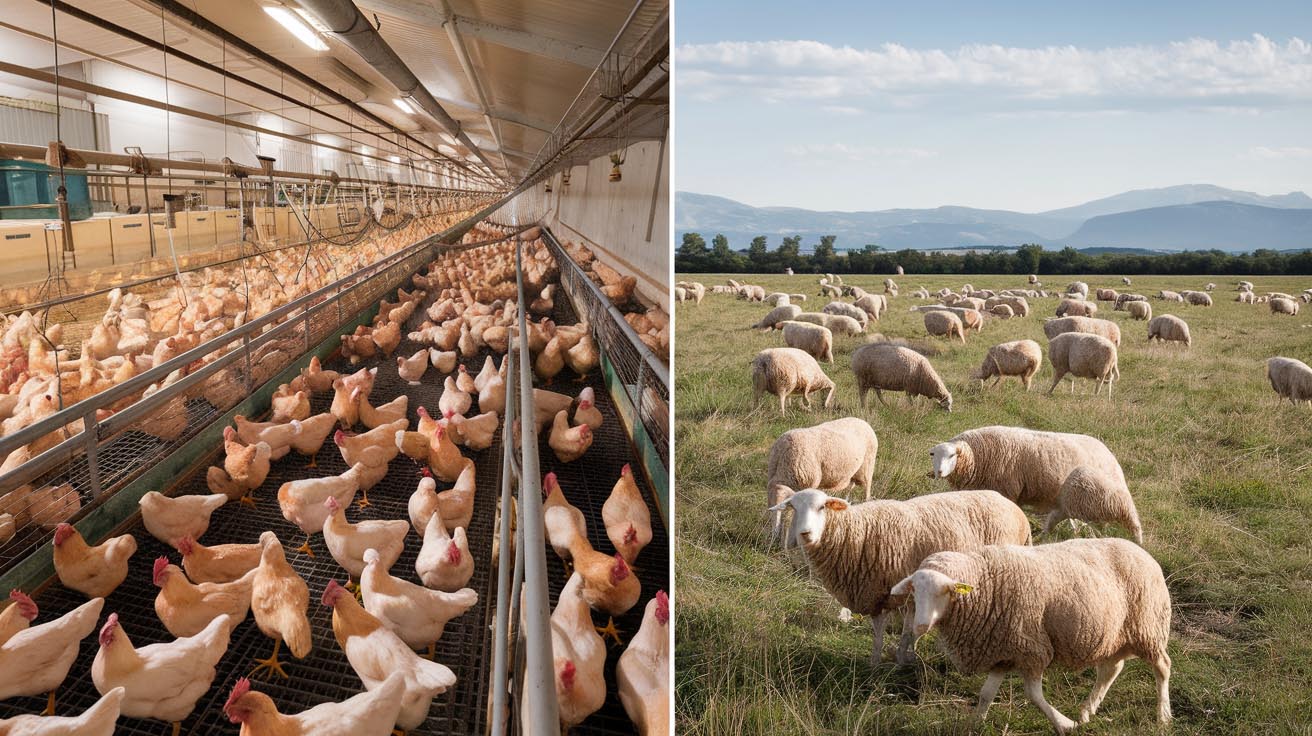 Il y a deux photos. Une avec des moutons en pleine air et l autre avce des poule en cages